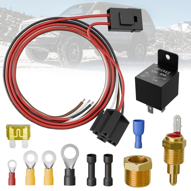 Joinfworld Electric Fan Relay Kit Radiator 185 On 175 Off Temperature Switch, 40 AMP Cooling Fan Thermostat Kit Waterproof 12V Relay - Image 1
